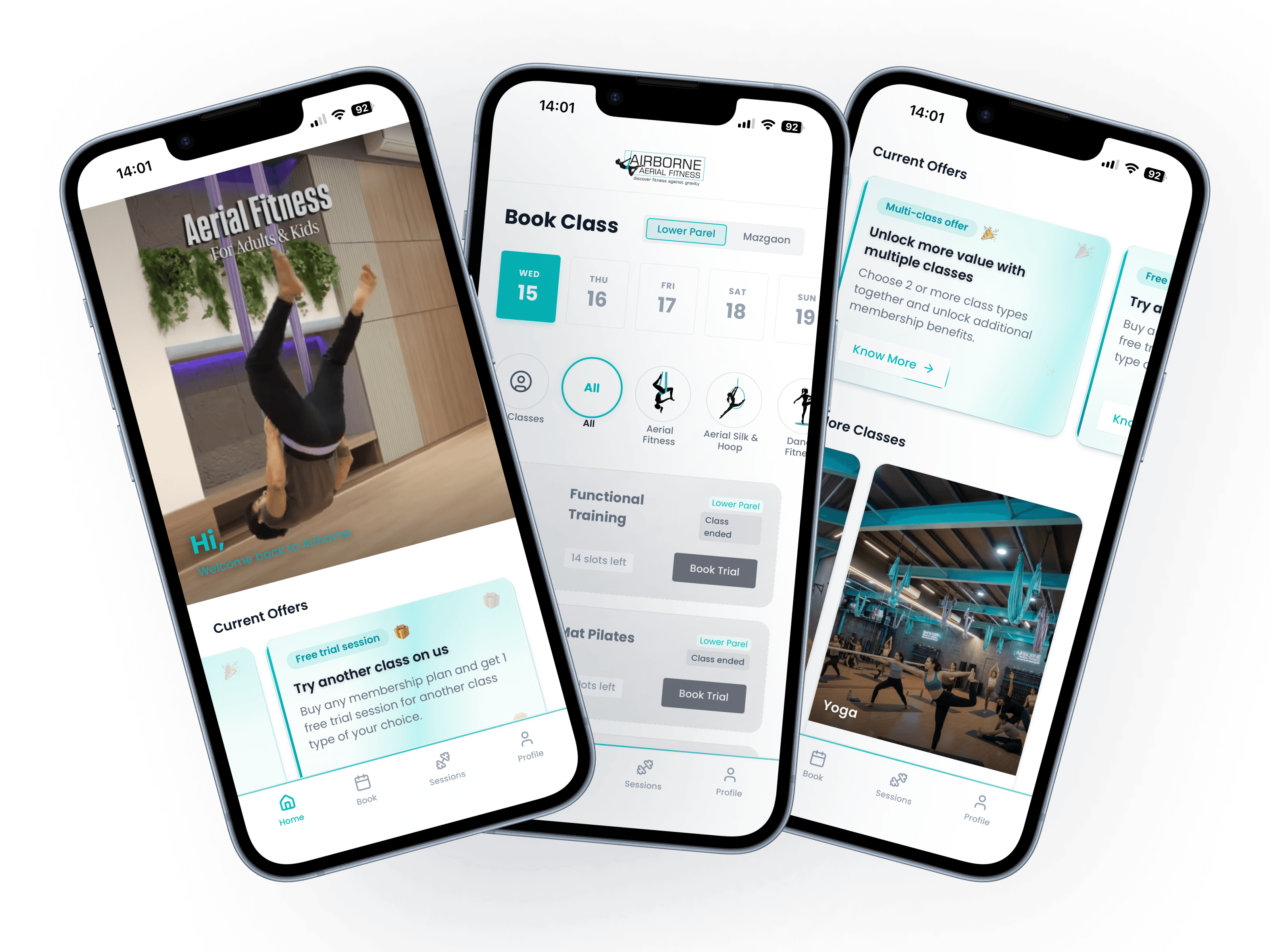 The Airborne app — home, class booking, and current offers on iPhone